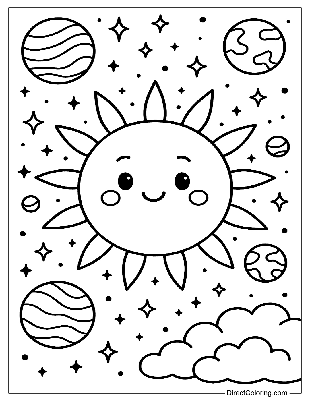 coloring page of the lovely Sun flying between planets in space, medium detail